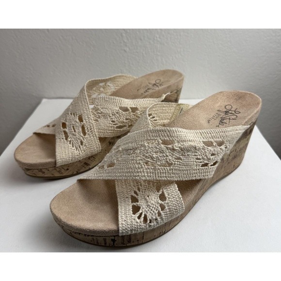 Life Stride Shoes - LifeStride Cream Donna‎ Woven Crochet Cork Wedge Slide Sandals Womens Size 8.5